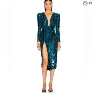 Teal Sequin Deep-V Split Midi Dress